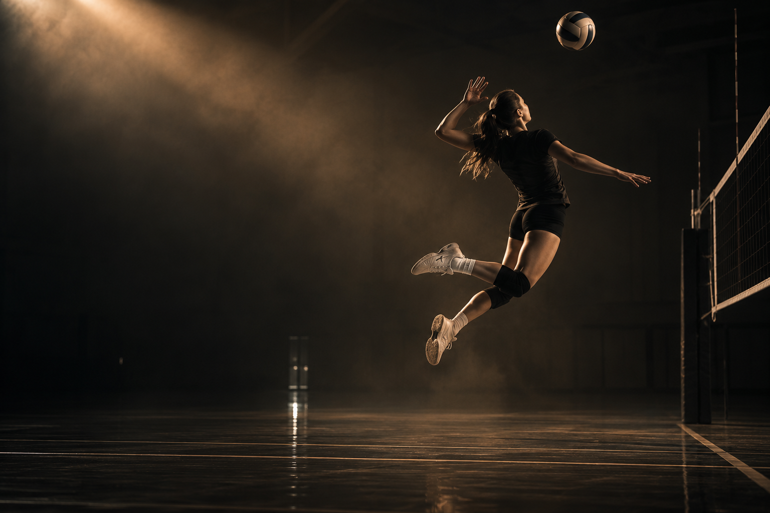 Volleyball athlete rising toward the ball in a dramatic gym